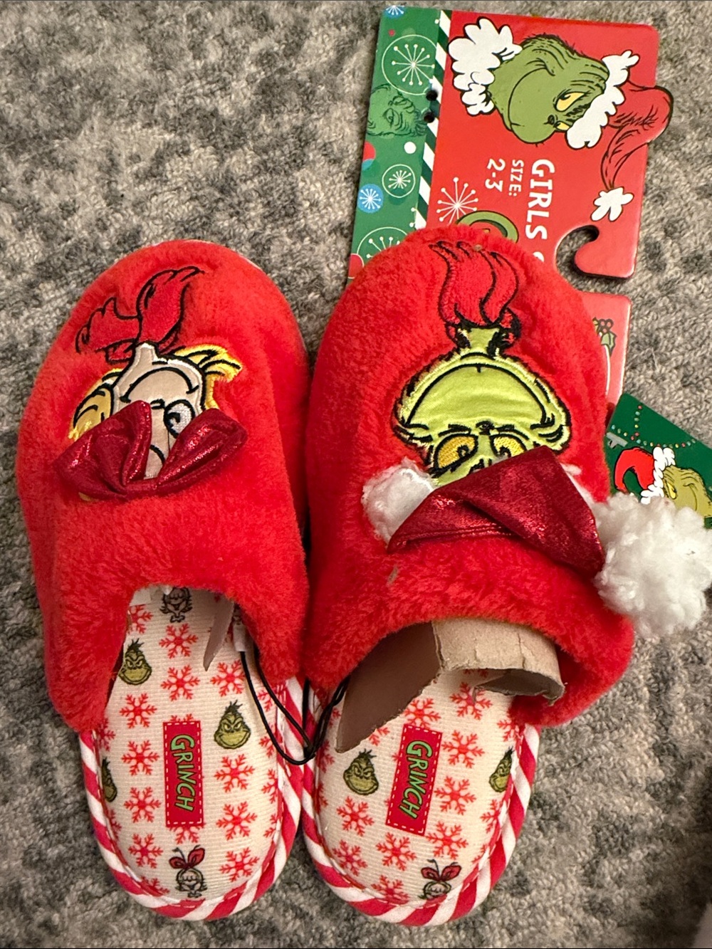 Kids' Red Grinch Plush Slip-On Slippers with Bow